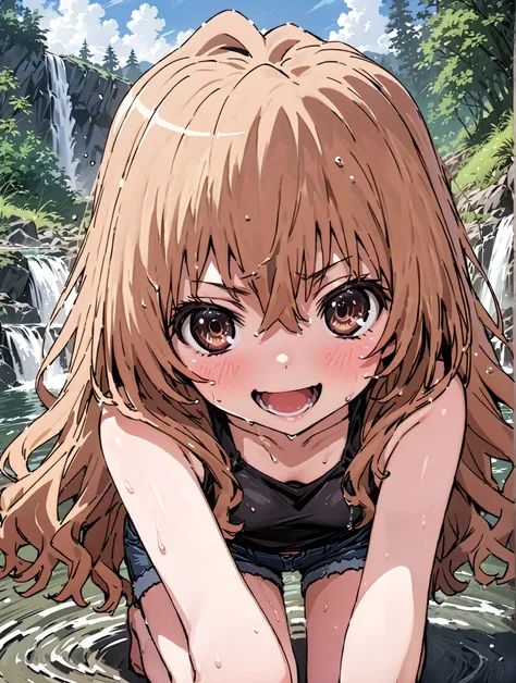 score_9, score_8_up, score_7_up, source_anime,
Taigaisaka, Aisaka Taiga,Alone, long hair, brown hair, brown eyes,ponytail,smile,open your mouth,plain black t-shirt,belly button sticking,Tie the hem of the shirt,denim micro shorts,Bare legs,wet skin,wet ha...