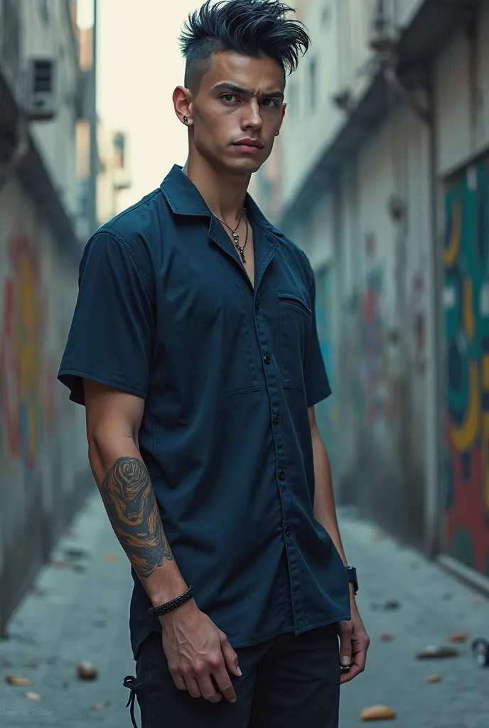 A 17-year-old ager, with 1,85 tall and fortinho, Mohawk haircut and he wears a dark blue dress 