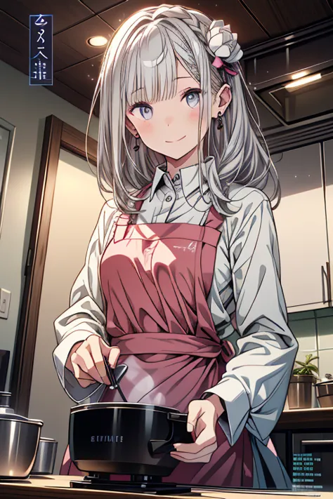 (from below:1.2),((1girl, silver hair, long hair, qutel blue eyes, beautiful eyes, pretty smile:1.5, ), coloring watercolor digital pencil ,Cherry blossoms falling,an animated painting of a woman in an apron standing at a coffee maker, 1girl, brown hair, s...