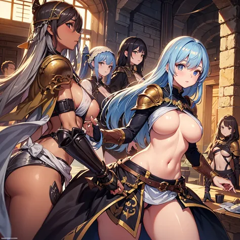 sideboob, underboob, safe, High quality, super detailed, best quality, highly detailed, beautiful, masterpiece, vibrant colors, shiny skin, perfect anatomy, female group, harem, knights, armor, medieval, fantasy, pouches, big boobs, 