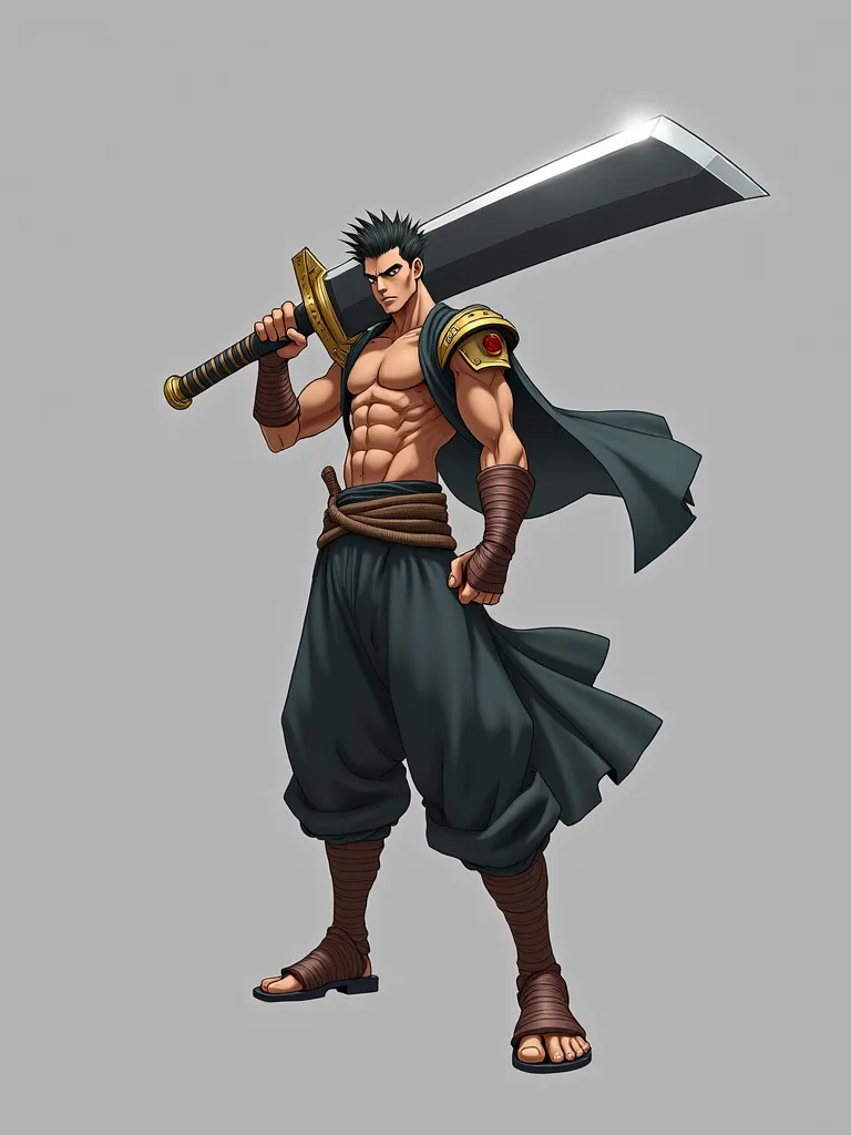 anime style, Tall and athletic man , brown skin, creepy black hair tied, Wide Face, Shihakusho preto, brown samurai gloves and shoulder pads,A big and giant sword