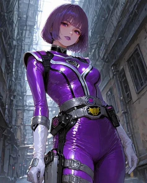 1female, lady, 30years old,wavy short hair, purple hair, purple eyes, purple lips, {{super sentai}}, {{power ranger}}, {{sentai heroine}}, {{purple bodysuits with pencilskirt}}, white gloves, gray belts, holster, great quality,best quality, aesthetic,high ...