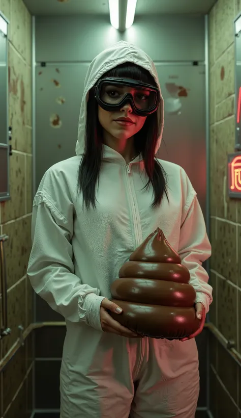 (Flux v2.1 model), ultra-realistic, cinematic lighting, best quality, a female grindcore vocalist in a muddy filthy metal bar bathroom, wearing a fitted tight white disposable protective coverall suit with hood, strand of hair escaping the hood and the sui...