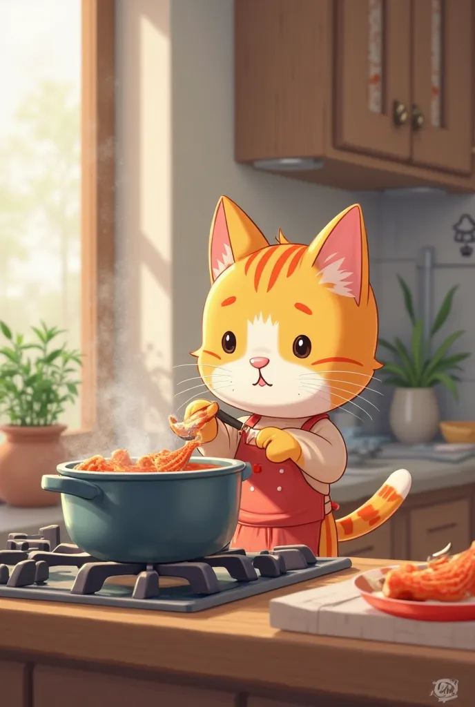 SCENE 1: IN THE KITCHEN
(Little Cat is in the kitchen, wearing an apron and holding a fish)

Little Cat (excited):

Today, I’m going to cook braised fish! Cook it myself, eat it myself, and praise myself!
(Little Cat puts the fish on the cutting board, pic...