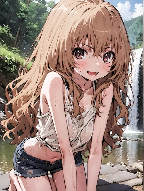 score_9, score_8_up, score_7_up, source_anime,
Taigaisaka, Aisaka Taiga,Alone, long hair, brown hair, brown eyes,ponytail,smile,open your mouth,plain black t-shirt,belly button sticking,Tie the hem of the shirt,denim micro shorts,Bare legs,wet skin,wet ha...