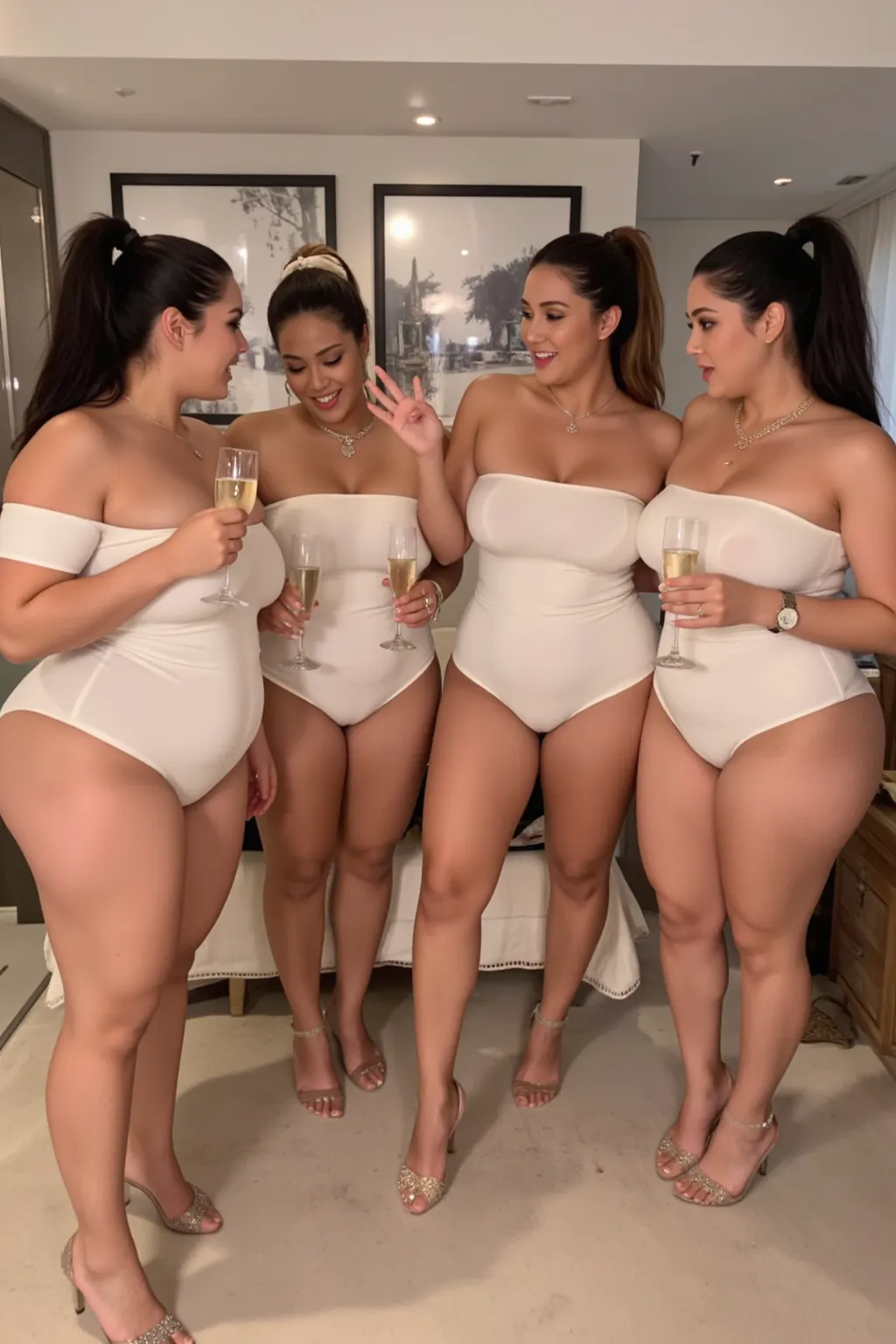 Four thick ethnically diverse women physically appearing like women basketball players, gathered for a champagne party, each holding a champagne glass, speaking with each other having a face to face and conversation, rich class women, each one is having un...