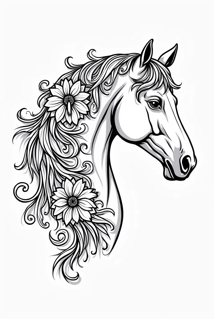 Image is a black and white line art illustration featuring the stylized profile of a horse's head. The horse is intricately decorated with swirling patterns and floral motifs, including large, detailed flowers and leaves that blend seamlessly into the hors...