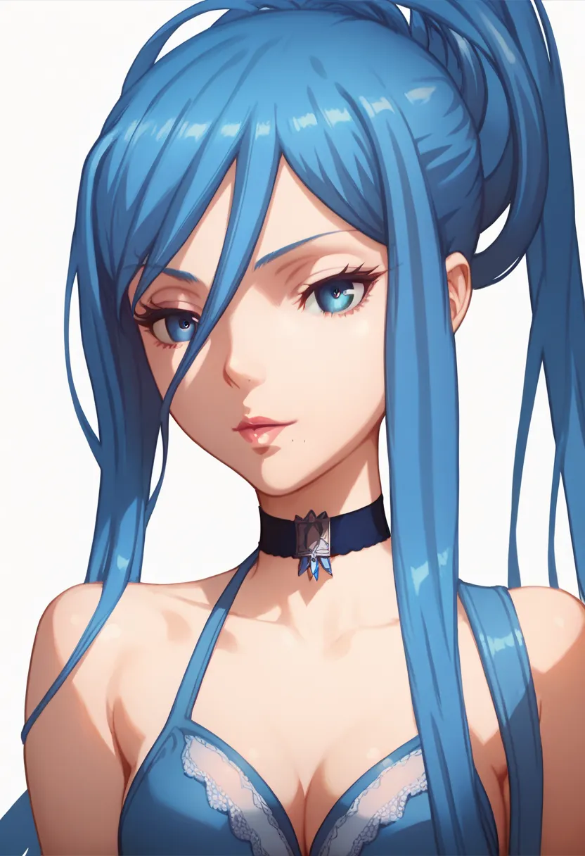 takao_aoki, blue hair, long hair, solo, blue eyes, ponytail, mole, mole under mouth, choker, very long hair, hair between eyes, blue bikini

