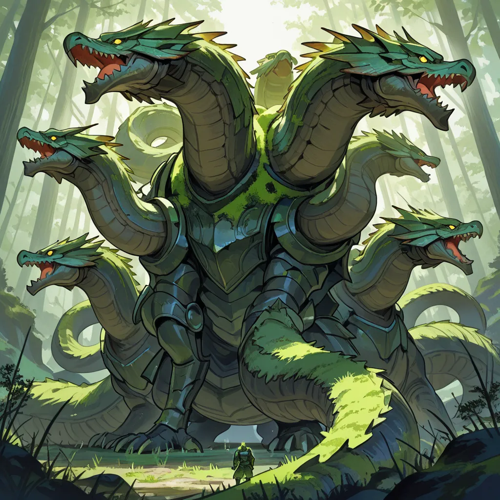 large hydra creature with many heads.
trees and moss growing, armour on hydra.
green colour scheme.