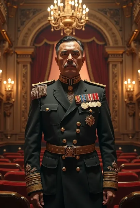 captain general in an old theater movie, make it look like vintage that came from 21st century