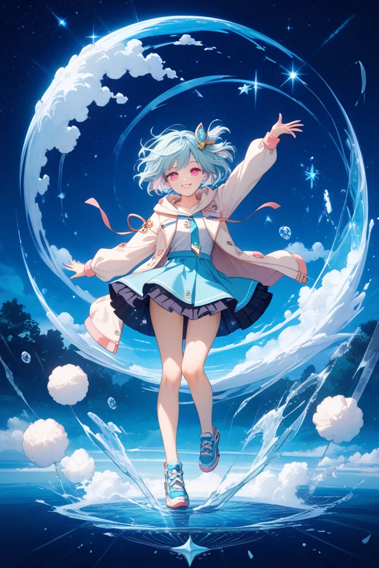 Adorable playful magical girl, summer night, The Wizard of Wind Chimes, Dress with Tie, Hoodie Style Jacket, skirt length is short, aqua blue and navy color scheme, Round Fluffy Short Hair, white pale blue (RGB 239, 249, 255) and aqua blue (RGB 38, 202, 21...