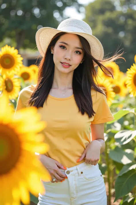 close up shot photo, social media photo, realistic portrait photo of a beautiful Asian woman, she is a professional model, she wearing on yellow short sleeve shirt and white denim pants, she wear a white boardbrim, beautiful make-up, energitic and youthful...