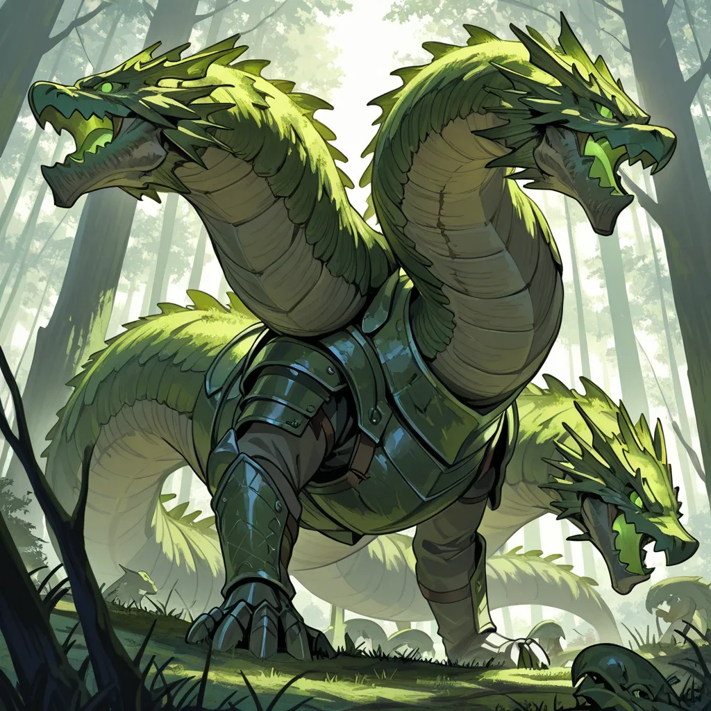 large hydra creature with many heads.
trees and moss growing, armour on hydra.
green colour scheme.
Hydra is facing one side, body armour visible.