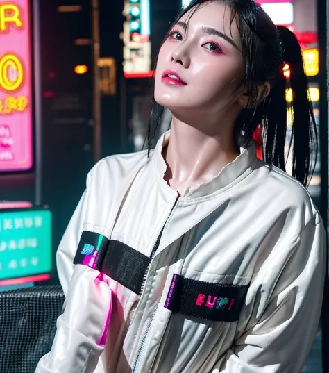 highest quality、Surreal、Perfect Anatomy、Crowded downtown area、Wet and shiny white skin、Slender model figure、Ahegao、blush、Rainbow Hair、black micro bikini、soaked、Ten head body、Collars and Leads、Natural lighting、Cyberpunk City、neon lights、urban techwear