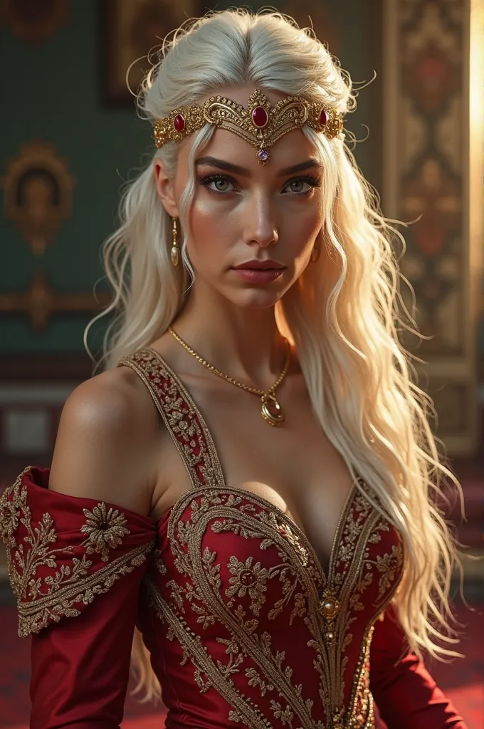 Viserra Targaryen being played by Argentinian actress Valentina Zenere "platinum blonde hair with golden sparkles and violet eyes" wearing a red dress with gold embroideries from the Vincentian era, She wears a headband-like crown on her forehead.
I want a...