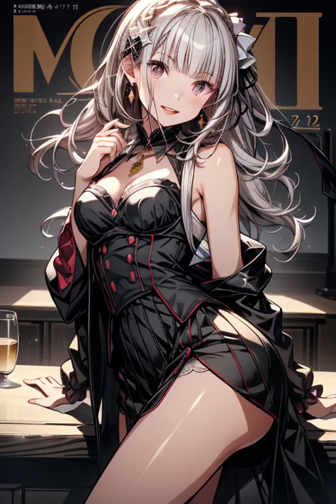 (small breasts:1.3), (perky chest:1.3), (pointed chest:1.2), (lolita fashion magazine cover:1.3),(from side:0.9),masterpiece, 1girl, Amazing Cleavage:1.2, thin waist, big ass, Raised sexy, small breast: 1.3, posed cleavage:1.2、(from below:1.2, best quality...