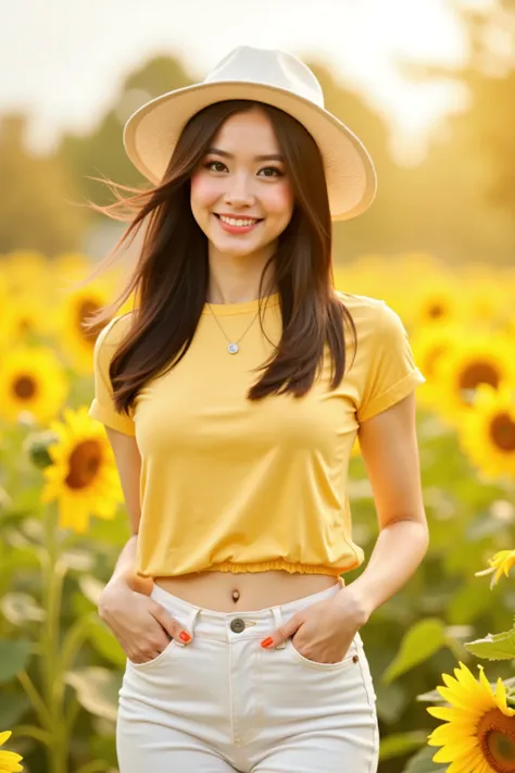 close up shot photo, social media photo, realistic portrait photo of a beautiful Asian woman, she is a professional model, she wearing on yellow short sleeve shirt and white denim pants, she wear a white boardbrim, beautiful make-up, energitic and youthful...