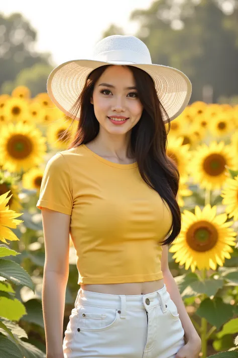 close up shot photo, social media photo, realistic portrait photo of a beautiful Asian woman, she is a professional model, she wearing on yellow short sleeve shirt and white denim pants, she wear a white boardbrim, beautiful make-up, energitic and youthful...
