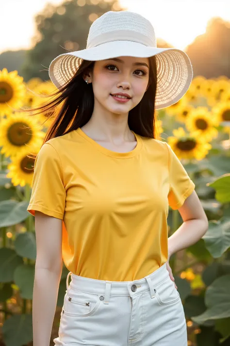close up shot photo, social media photo, realistic portrait photo of a beautiful Asian woman, she is a professional model, she wearing on yellow short sleeve shirt and white denim pants, she wear a white boardbrim, beautiful make-up, energitic and youthful...