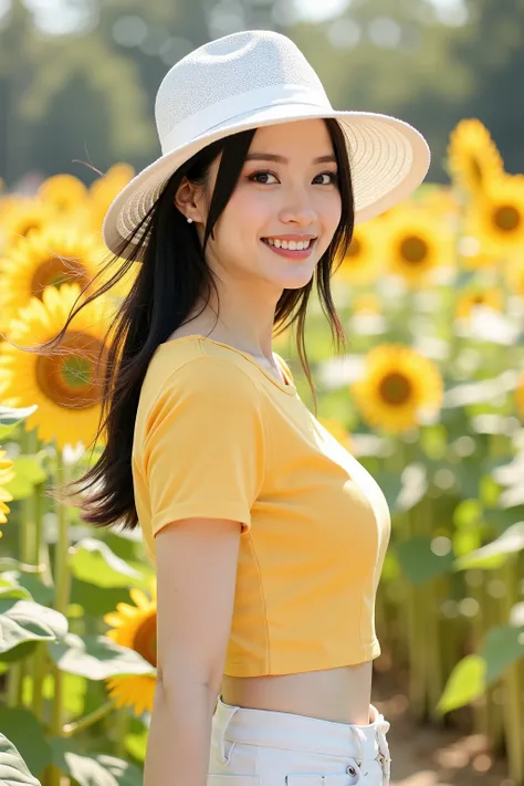 close up shot photo, social media photo, realistic portrait photo of a beautiful Asian woman, she is a professional model, she wearing on yellow short sleeve shirt and white denim pants, she wear a white boardbrim, beautiful make-up, energitic and youthful...
