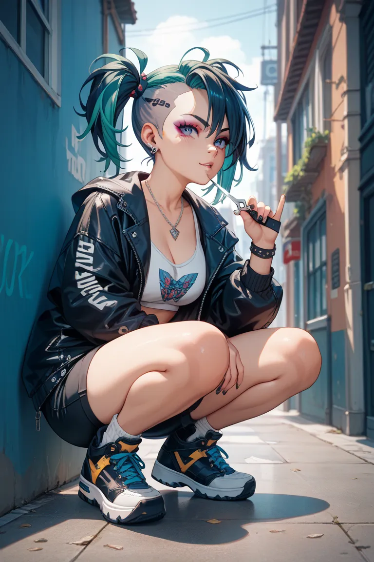 punk　girls　squatting　Erotic　from 45° in front　face　pigtails　accurate human body　Holding scissors in one hand　full body　provocative