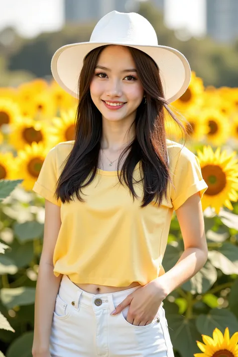 close up shot photo, social media photo, realistic portrait photo of a beautiful Asian woman, she is a professional model, she wearing on yellow short sleeve shirt and white denim pants, she wear a white boardbrim, beautiful make-up, energitic and youthful...