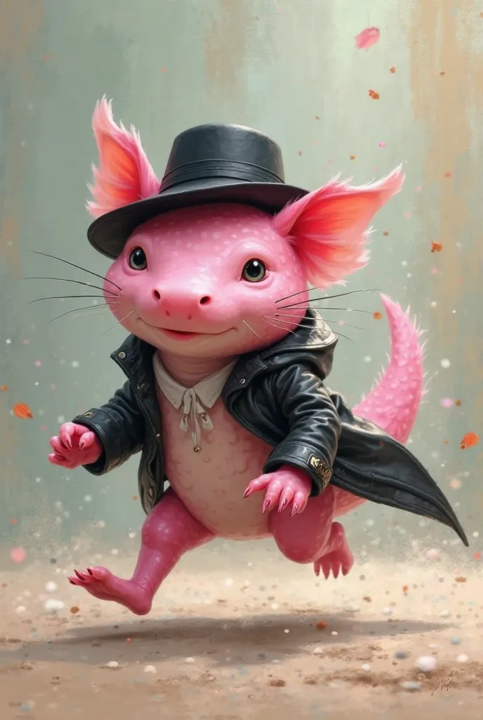 Pink axolotl running with a hat and with a black leather jacket in his hand