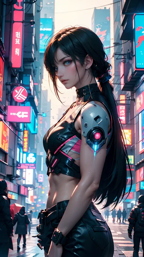 (masterpiece, best quality, 8k, sharp concentration, depth of writing, Best Shadow,  perfect light, High Resolution, realistic skin texture, Highly Detailed Background),  anime style, {{Long Angle Shot}}, (( cyberpunk theme )), Alone, 1 female, She&#39;s a...