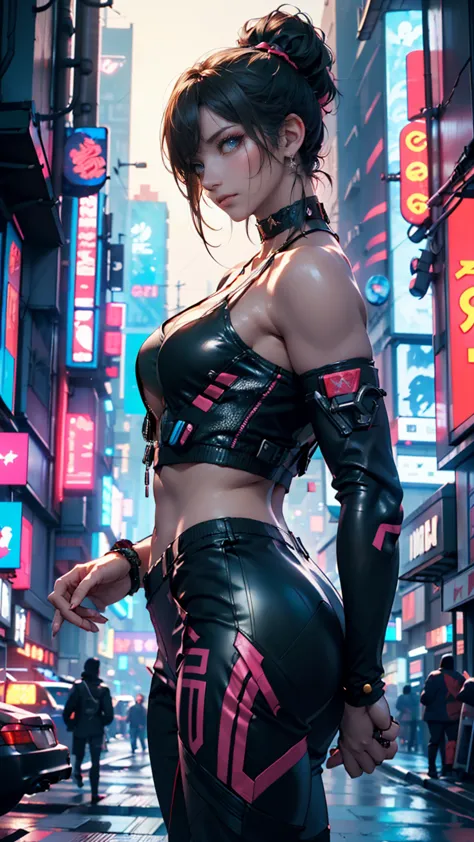 (masterpiece, best quality, 8k, sharp concentration, depth of writing, Best Shadow,  perfect light, High Resolution, realistic skin texture, Highly Detailed Background),  anime style, {{Long Angle Shot}}, (( cyberpunk theme )), Alone, 1 female, She&#39;s a...