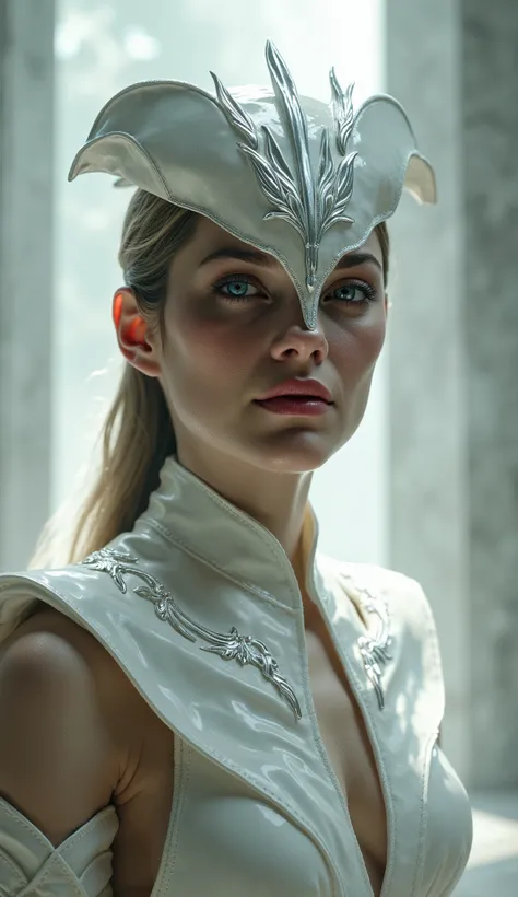 Here's a detailed prompt to generate a super realistic image of Alexandra Daddario as Ashrah, with her shiny white metallic outfit, in addition to her shiny white metallic hat: "Hyper-realistic close-up of Anne Hathaway as Ashrah, the redeemed demonic warr...