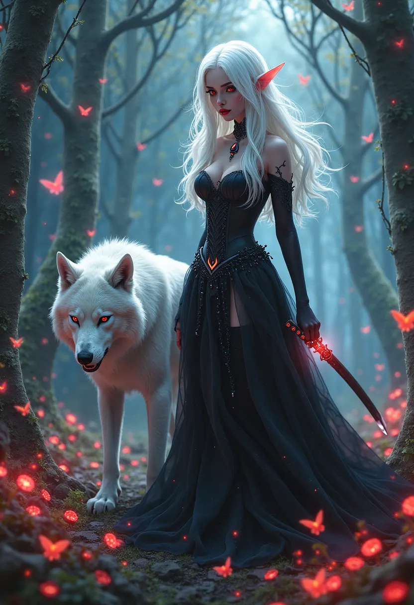 scarlett , snow-white hair, red eyes glow, vampire girl, sexy body, skin is smooth and beautiful, lips narrow and tender and painted red, long eyelashes, elven ears, roams the ancient and fabulous forest, in this forest, butterflies and flowers emit light,...