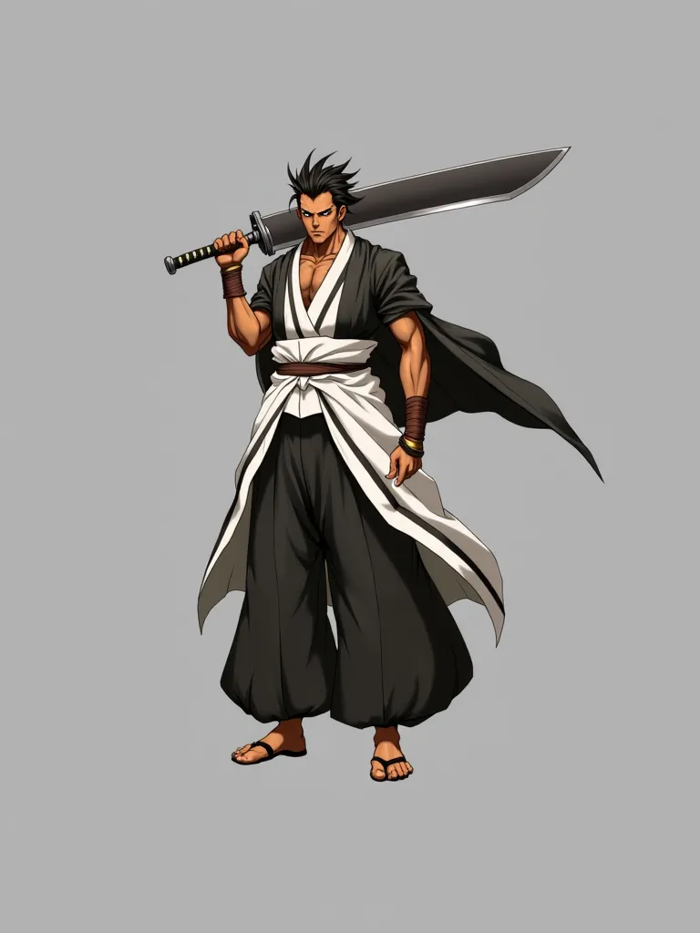 anime style, Tall and athletic man , brown skin, creepy black hair tied, Wide Face, Shihakusho preto, brown samurai gloves and shoulder pads,A big and giant sword