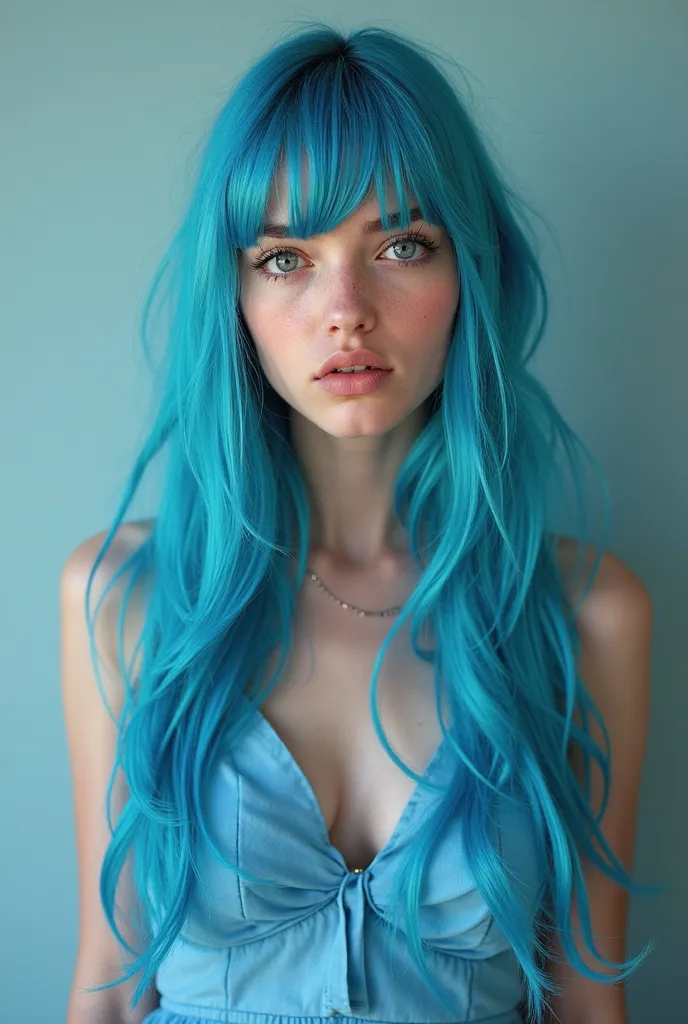 there is a woman with blue hair and a blue dress, a pastel inspired by Jessie Alexandra Dick, reddit, tachisme, pretty girl with blue hair, beautiful blue haired girl, blue hair, blue long hair, she has pale blue skin!!!, 1 7 - year - old goth girl, with b...