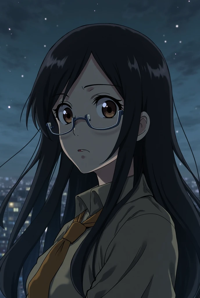 female attack on titan character in WIT studios screen cap. She has long black hair. She has half-lidded brown eyes, glasses, and thick black eyebrows. She is wearing scouts uniform. She is looking down from a tower late at night her face is solemn, wind b...