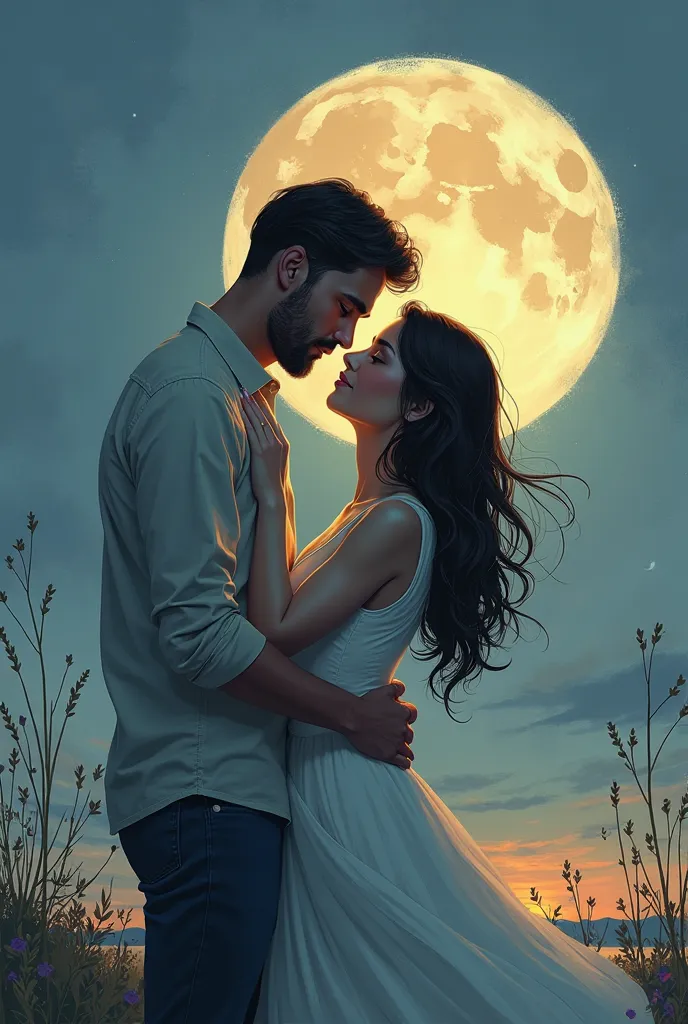 Man and woman hugging each other looking at the moon drawing style