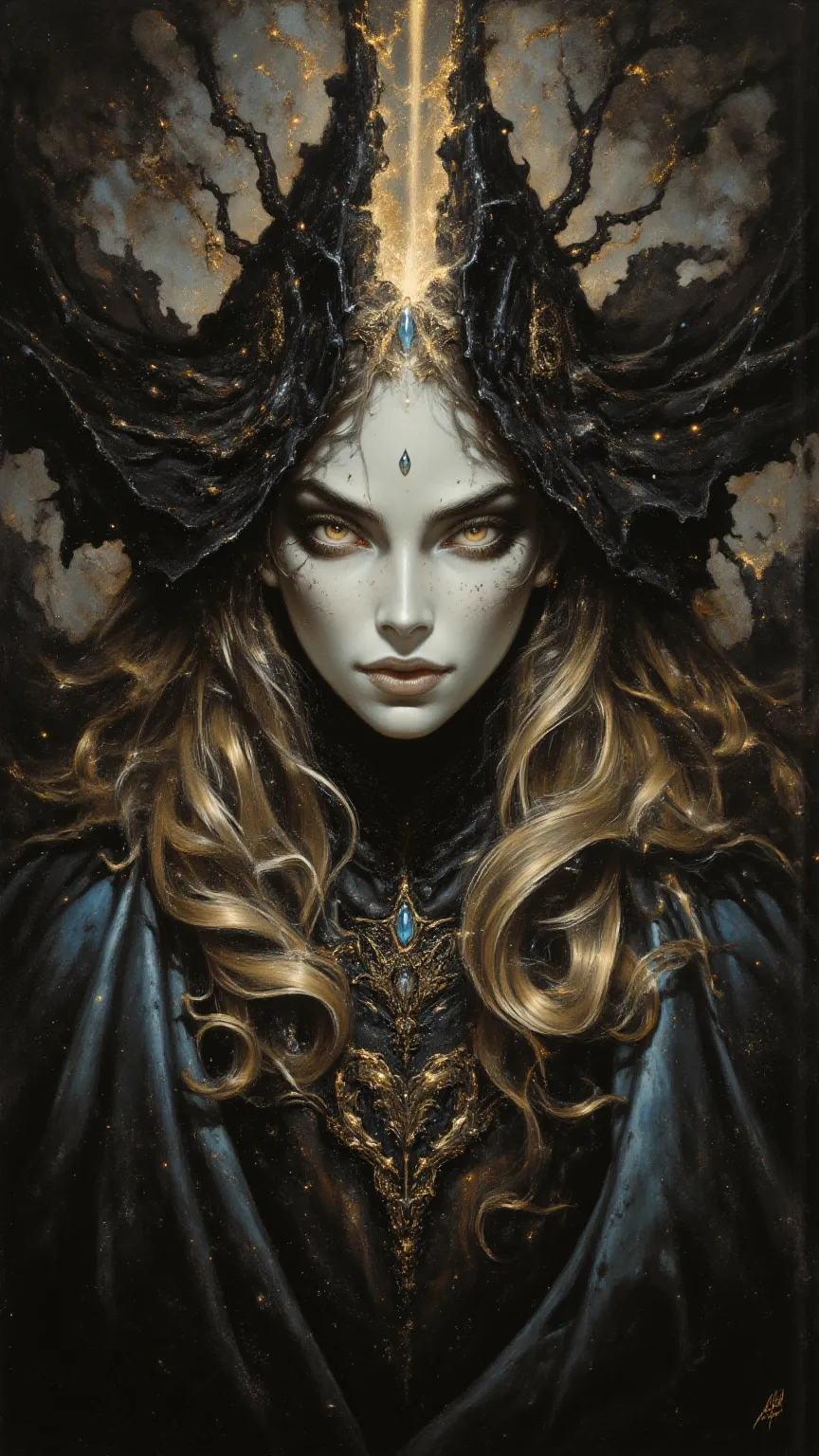 full body, beauties，Dark Arts ，fear，Gothic，sexy，long golden hair，Wayne Reynolds draws，is in a highly detailed and dynamic style, Luminescence