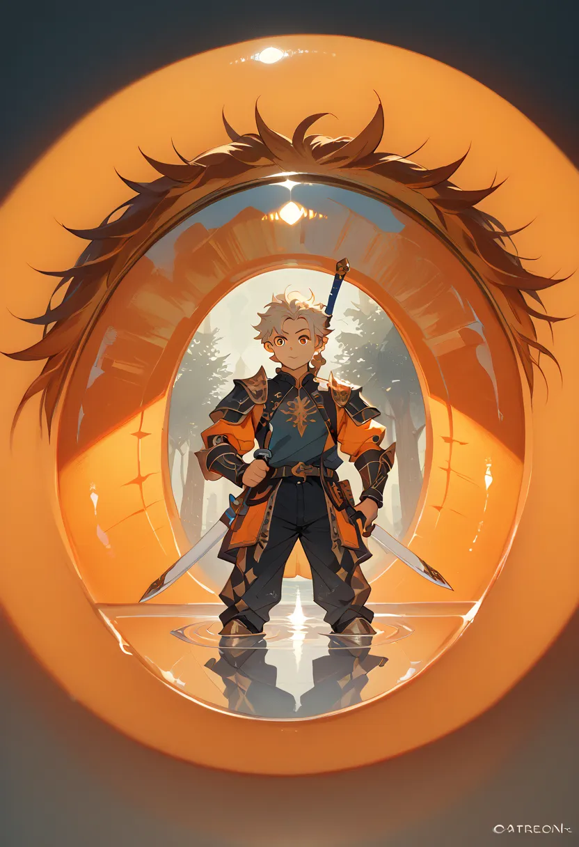 , orange eyes,eye's close up, wide open eyes, reflection of a human boy holding a sword silhouette in his eyes,