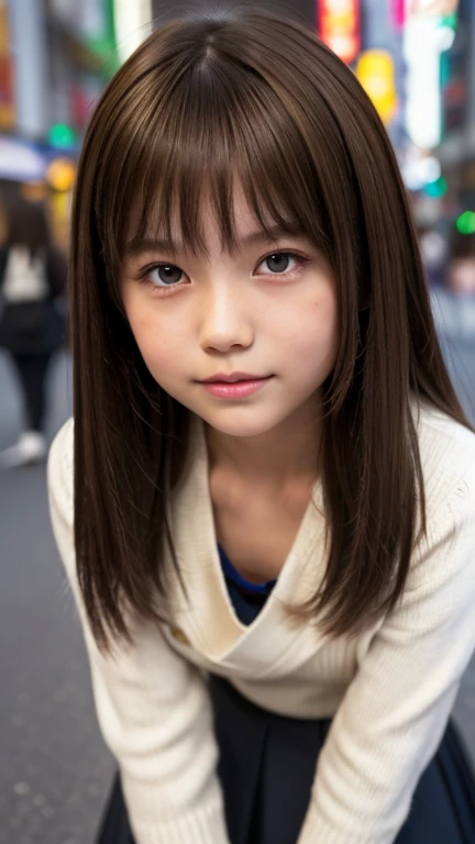 Product quality, 1 girl, Cowboy Shot, Front view, Young and pretty girl in Japan, At night, wearing a fashionable knit sweater, Wearing a mini skirt, (View your audience:1.2), (Looking into the camera:1.5), ((In the city of Ginza)), Super cute face, Glossy...