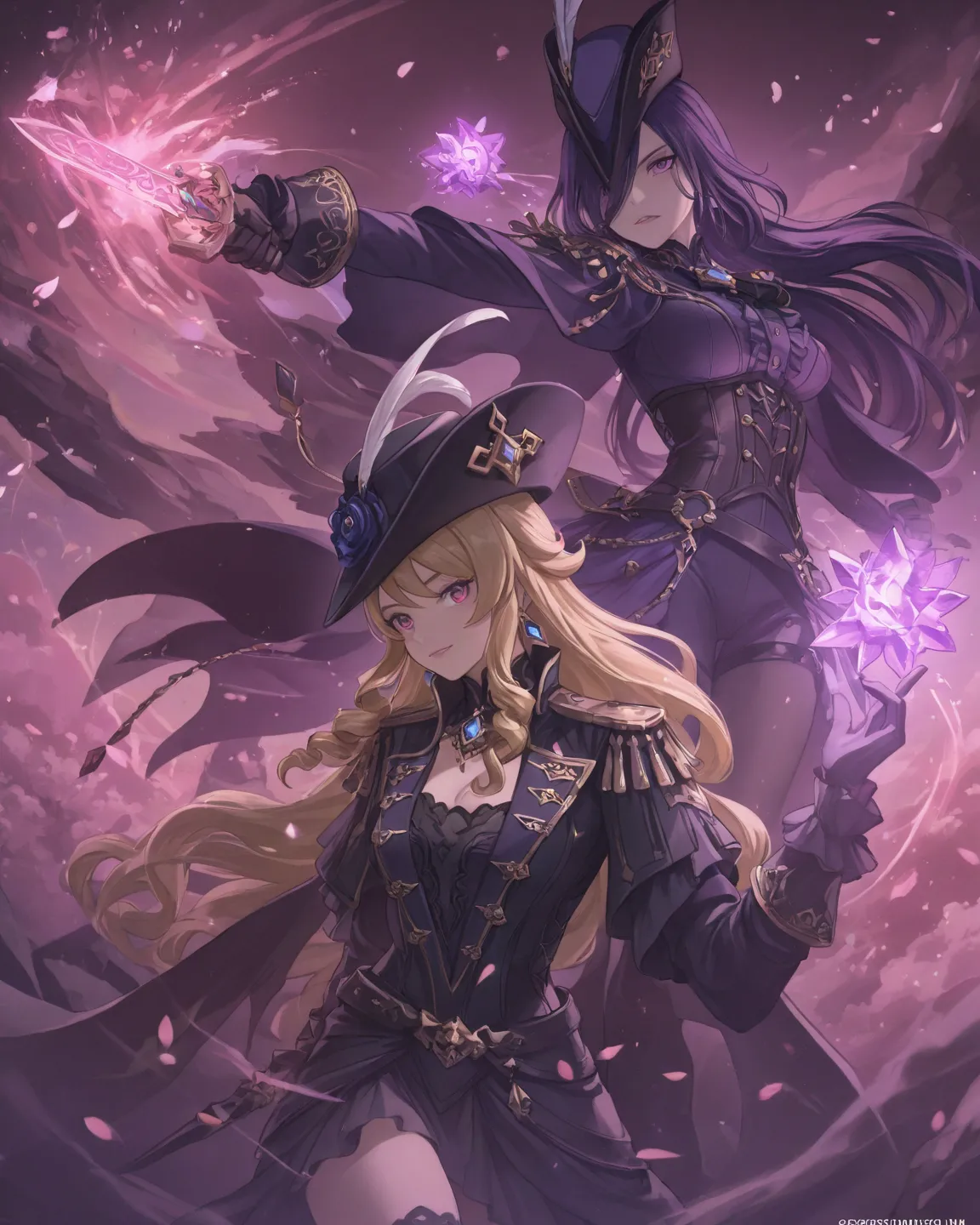 Genshin Impact in-game cinematic style, Navia and Clorinde standing together in a battle duo pose, Navia wearing her signature white and gold outfit with a large elegant hat, holding a glowing geo-themed claymore, Clorinde in her dark purple and black assa...