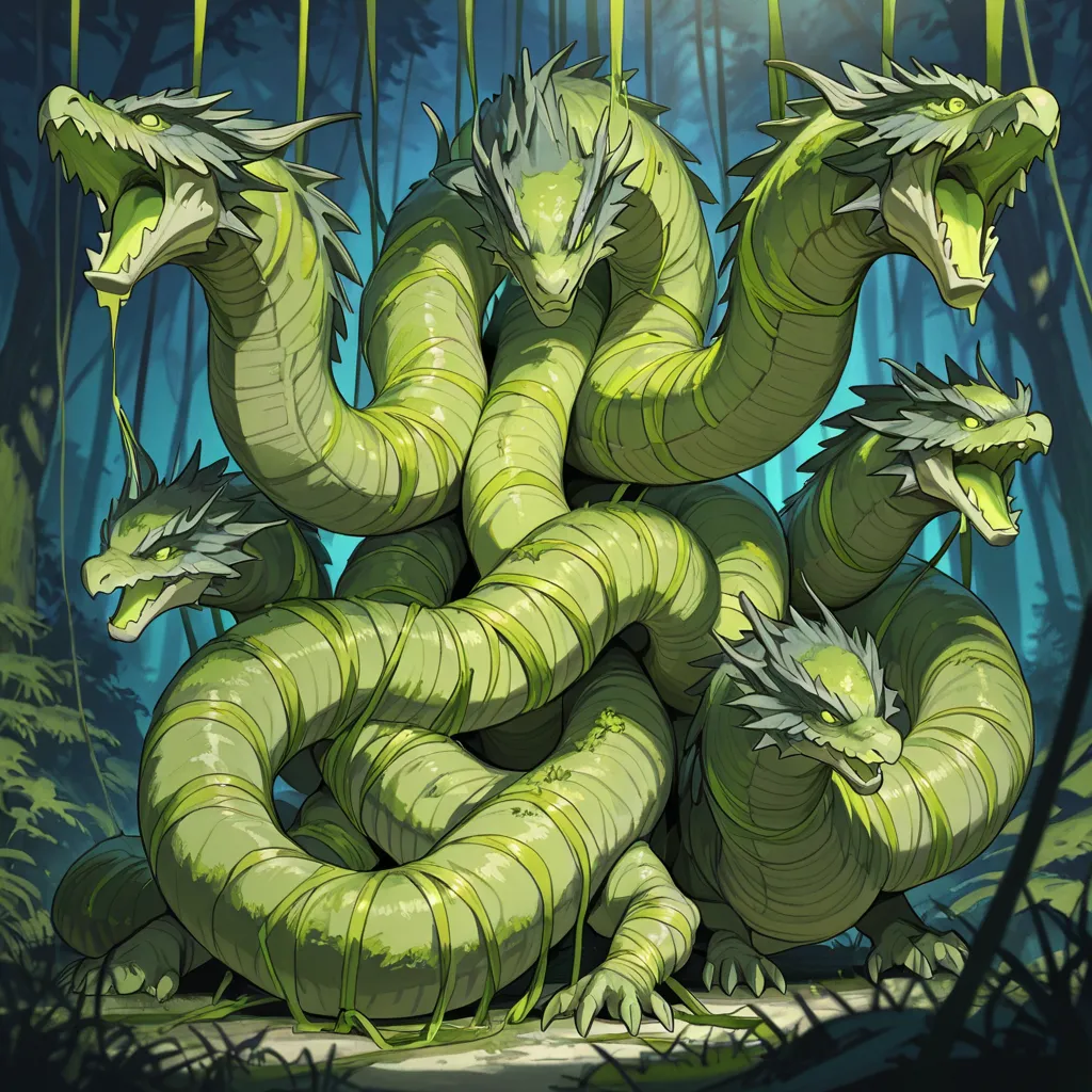 large hydra creature with many heads.
trees and moss growing, chains wrapped and hanging around hydras body.
green colour scheme.
