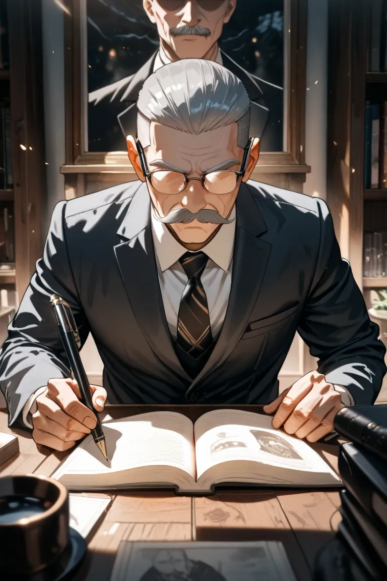 1boy ,male,elder,60yo, Headmaster,crew cut ,gray hair,Mustache,glasses,no eyes,suit, masterpiece,high score,great score,absurdres,