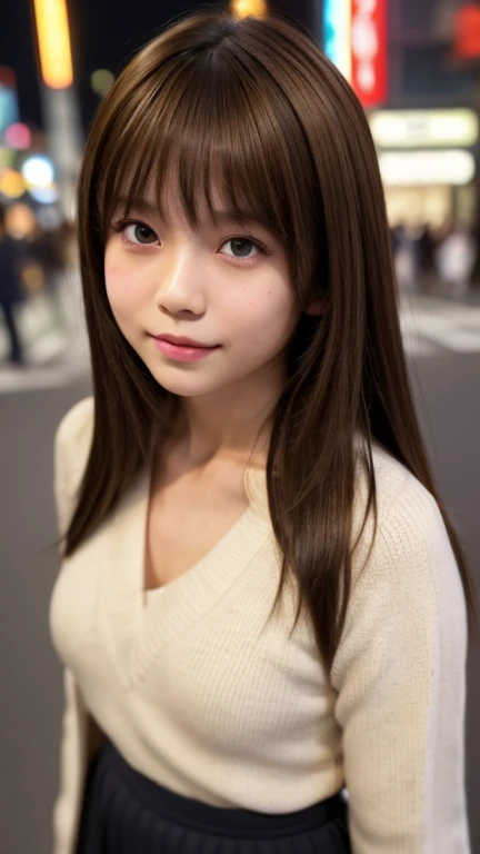 Product quality, 1 girl, Cowboy Shot, Front view, Young and pretty girl in Japan, At night, wearing a fashionable knit sweater, Wearing a mini skirt, (View your audience:1.2), (Looking into the camera:1.5), ((In the city of Ginza)), Super cute face, Glossy...