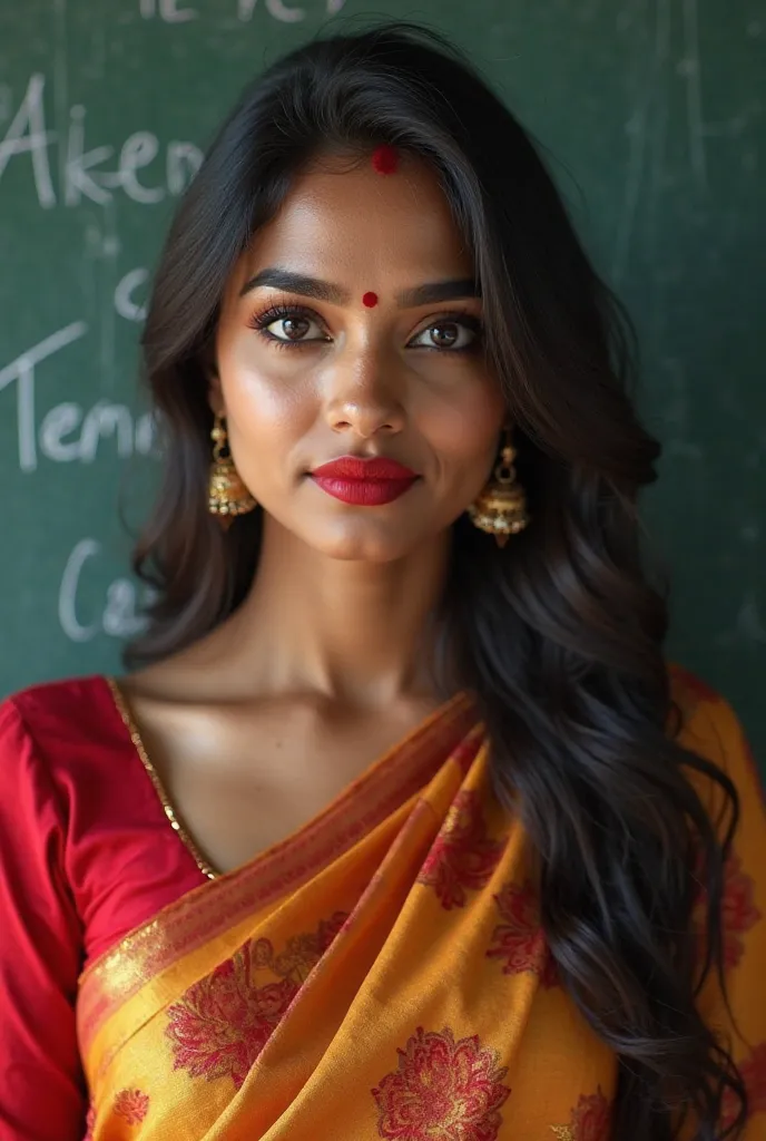 South Indian actress,big breast,inside class room behind blackboard  sassy photoshoot, (wearing full Indian saree ),(red lipstick, sexy bright face), (intricate detailing of face eyes nose mouth full lips & body parts), textured skin, smile:0.6, eyes symme...