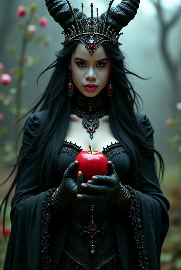 girl,long black hair，，accessories，， poisoned apples， witch queen，red lipstick