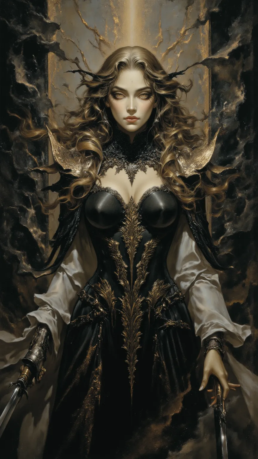 full body, Female Knight，Dark Arts ，fear，Gothic，sexy，long golden hair，Wayne Reynolds draws，is in a highly detailed and dynamic style, Luminescence，full body拍摄