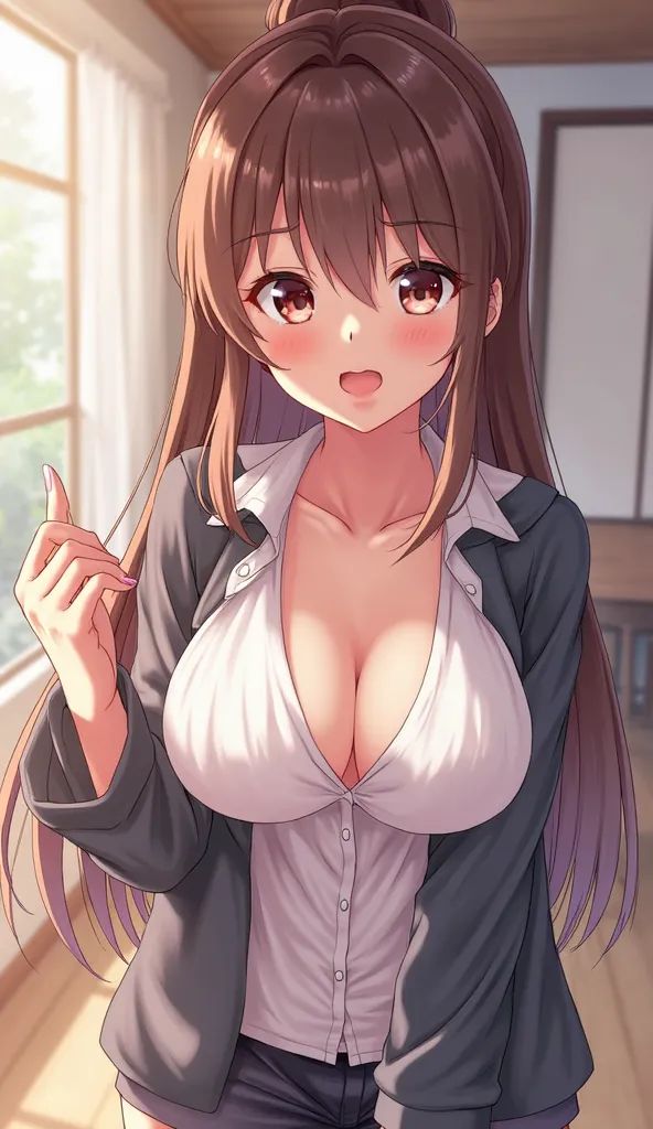 I want to see a young anime girl showing her big breasts 