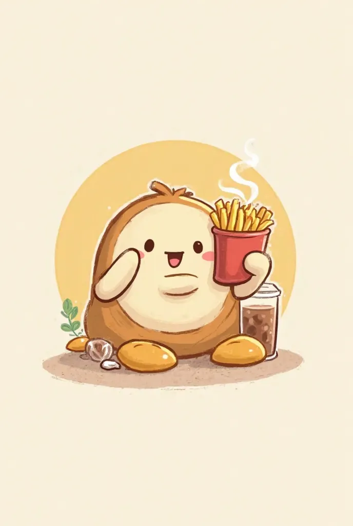 create a round logo using a  sitting while eating fries and milk tea