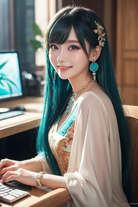 Masterpiece,  best quality ,  Ultra Details, illustration,( 1 girl), eyes drawn in beautiful detail,  Watch Your Audience, ( Hold up the computer keyboard ),  happy, ( turquoise hair:1), (Blue round eyes:1), (Round earrings), ( large turquoise jewelry neck...