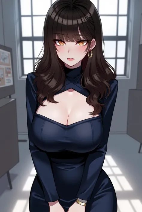 Create me an image in the Korean manwha fanart anime style with a 20-year-old woman with dark brown eyes and a lot of rebellious long brown hair with bangs with a serious expression with a very voluptuous body with big breasts,  wearing an elegant dark blu...