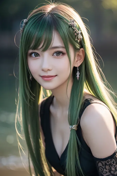 1 girl, Alone, hair ornament, green hair, twin tails, long hair, dress, water,, Mid-range portrait photography ,, Dark Fantasy Backdrop , Charming grin., ultra-realistic and highly detailed intricate photorealistic analog style photography ,Sharp focus of ...